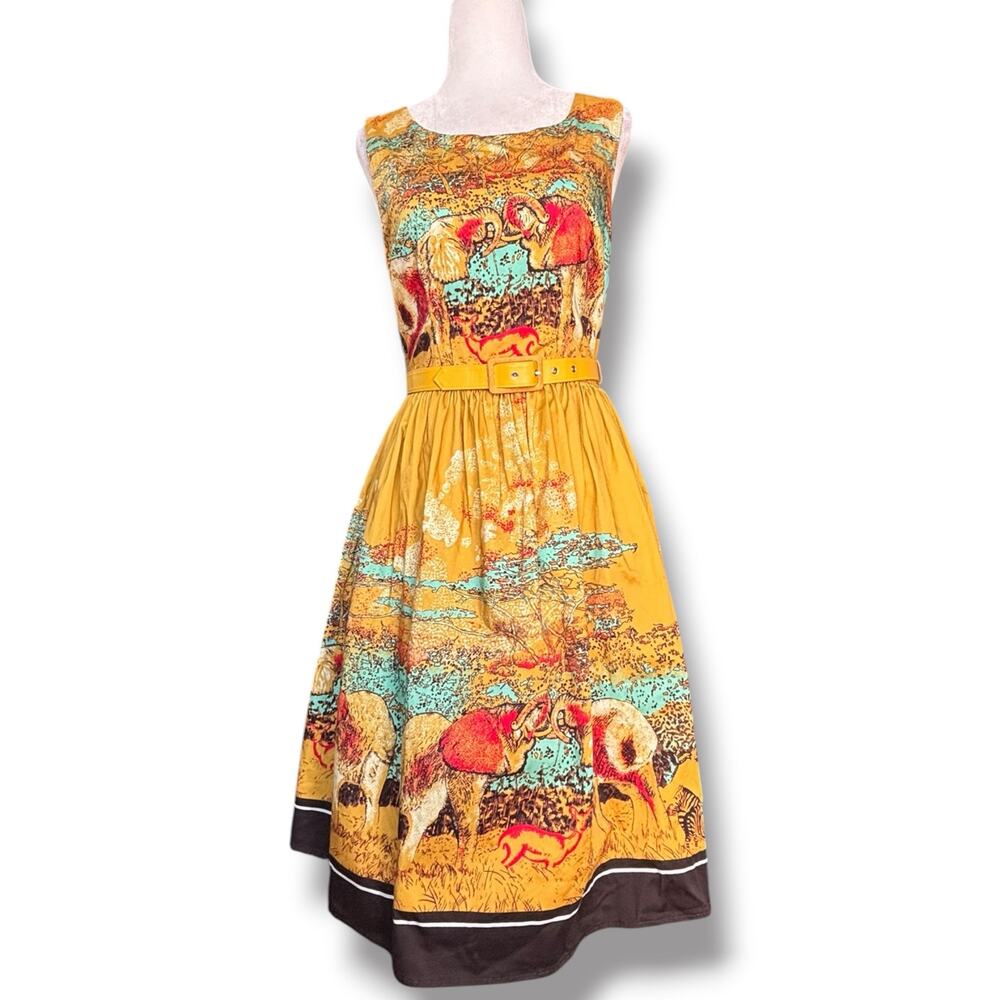 ModCloth Yellow Safari‎ Animal Print Fit & Flare Dress Belt Small Whimsical